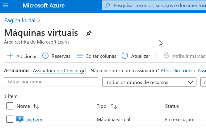 Screenshot of the Azure portal listing of virtual machines displaying webvm.