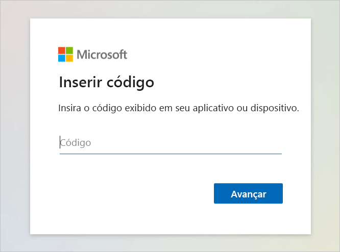 Captura de tela da página da Web na qual você pode colar o código do dispositivo.