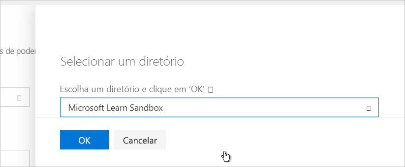 Captura da tela em que você seleciona um diretório com a Área Restrita do Microsoft Learn selecionada.