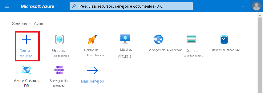 Captura de tela que mostra o portal do Azure. A opção Criar um recurso está realçada.