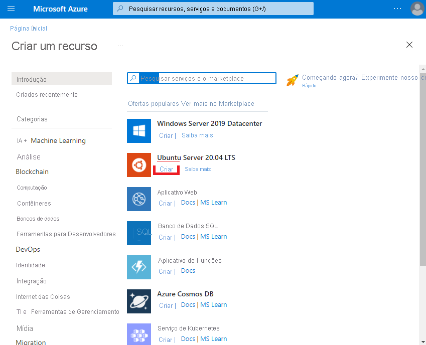 Captura de tela que mostra o Azure Marketplace. O link Criar no Ubuntu Server 20.04 LTS está realçado.