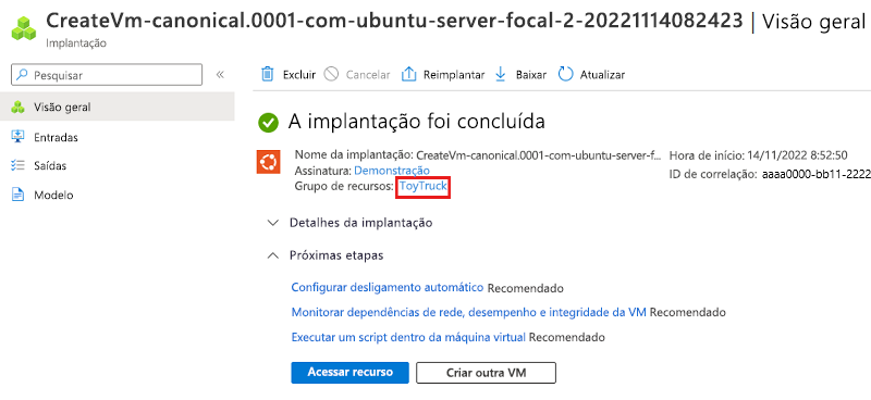 Captura de tela do portal do Azure que mostra a implantação. O nome do grupo de recursos está realçado.