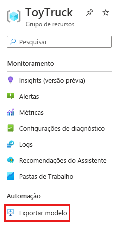 Captura de tela do portal do Azure que mostra o item de menu Exportar modelo no painel do grupo de recursos.