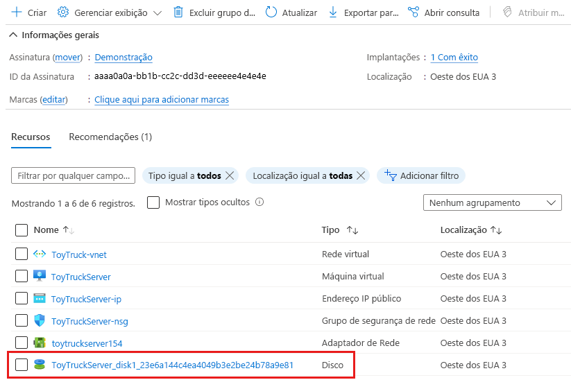 Captura de tela do portal do Azure que mostra o grupo de recursos, com o recurso de disco realçado.