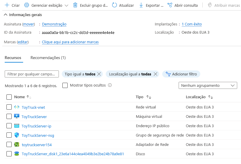 Captura de tela do portal do Azure que mostra o grupo de recursos.