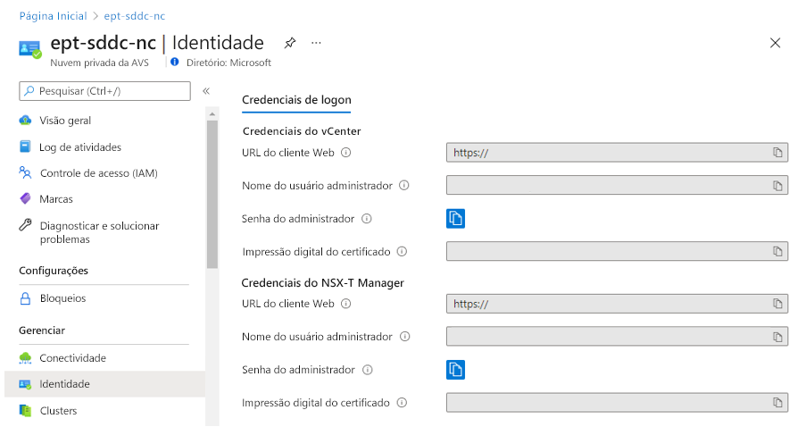 Screenshot of where to find the vCenter and NSX sign-in information in the Azure portal.