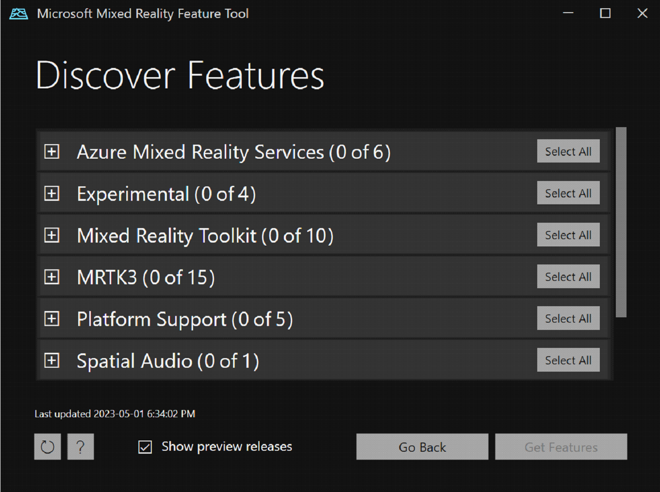 The main groups of packages in the Mixed Reality Feature Tool