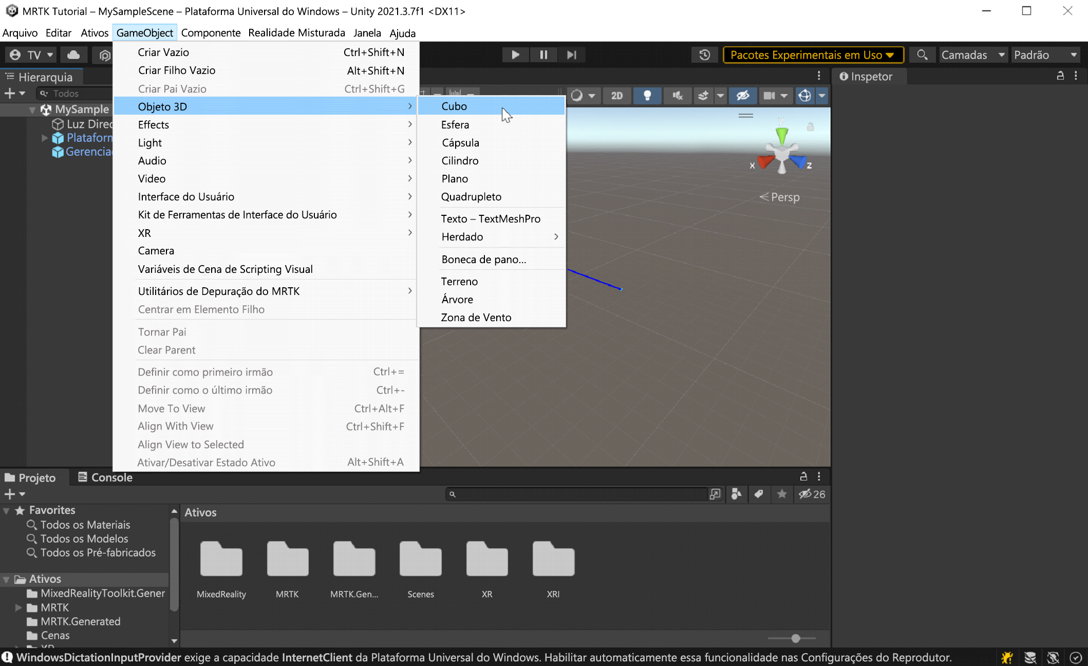 Screenshot of menu commands for adding the cube.