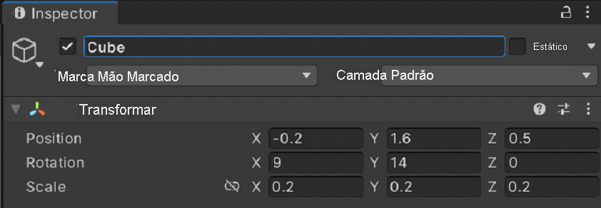 Screenshot of the cube's transform component after updates.