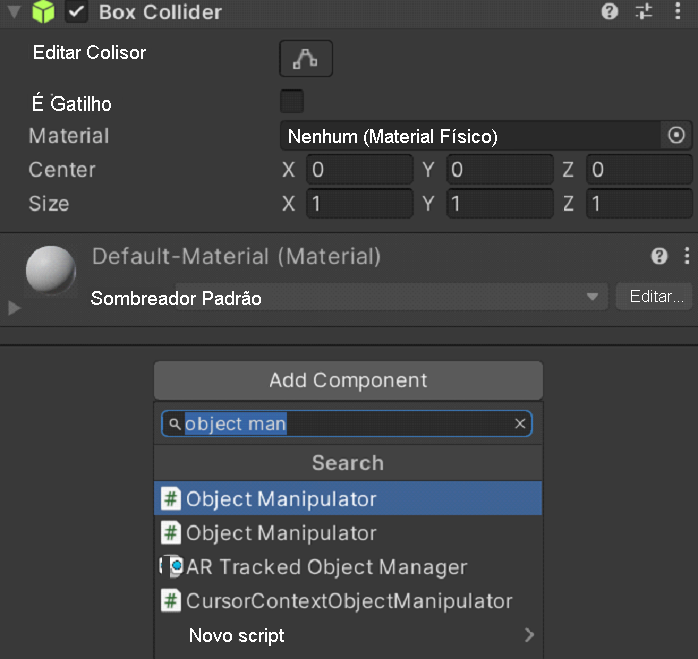 Screenshot of adding the Object Manipulator script.