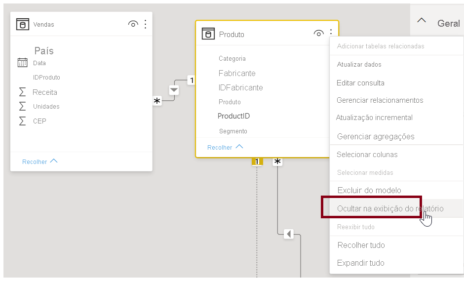 Captura de tela da opção Ocultar na exibição do relatório.