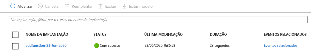 Captura de tela do portal do Azure que mostra as implantações. Uma implantação está listada e tem um status de Êxito.