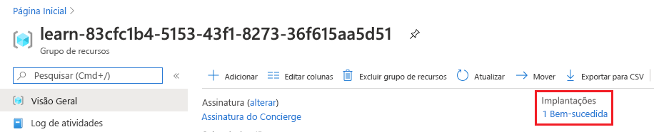 Captura de tela do portal do Azure que mostra a visão geral do grupo de recursos. A seção Implantações mostra que uma implantação foi bem-sucedida.