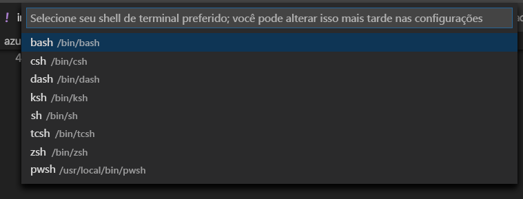 Captura de tela que mostra a lista para seleção de shell na janela do terminal do Visual Studio Code.