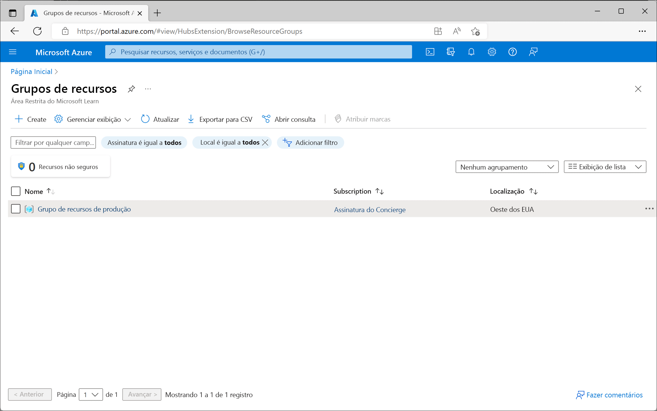 Captura de tela que mostra a página Grupos de recursos.
