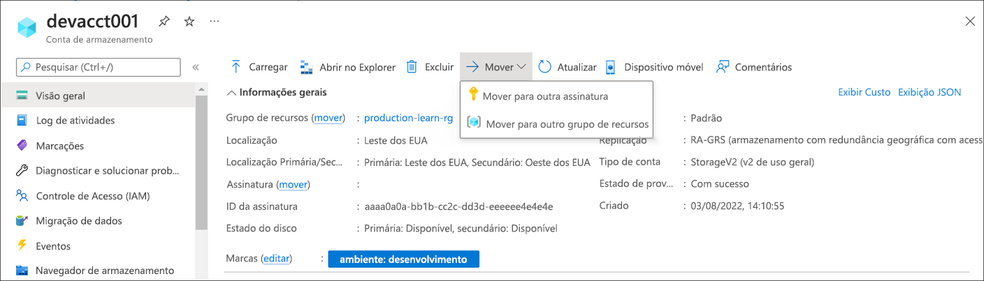 Captura de tela que mostra a opção Mover recurso para outro grupo de recursos.