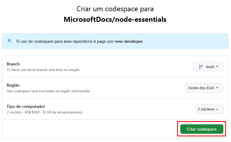 Captura de tela da tela de confirmação antes de criar um novo codespace.