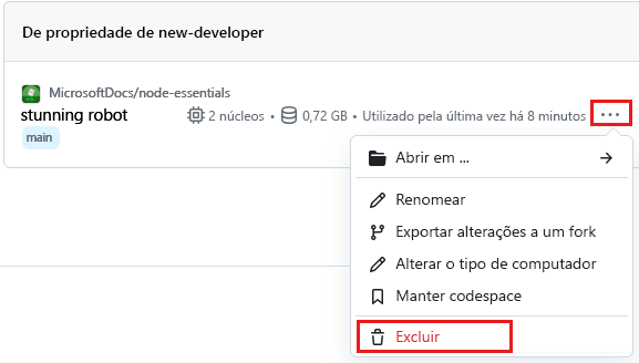 Captura de tela do menu de contexto de um único codespace com a opção “Excluir” realçada.