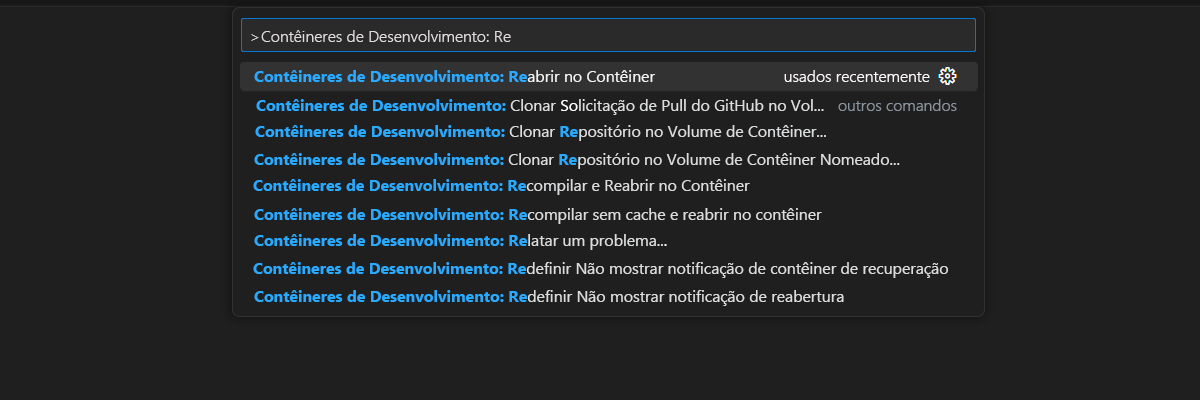 Captura de tela da opção Paleta de Comandos para reabrir a pasta atual dentro do contexto de um contêiner de desenvolvimento.