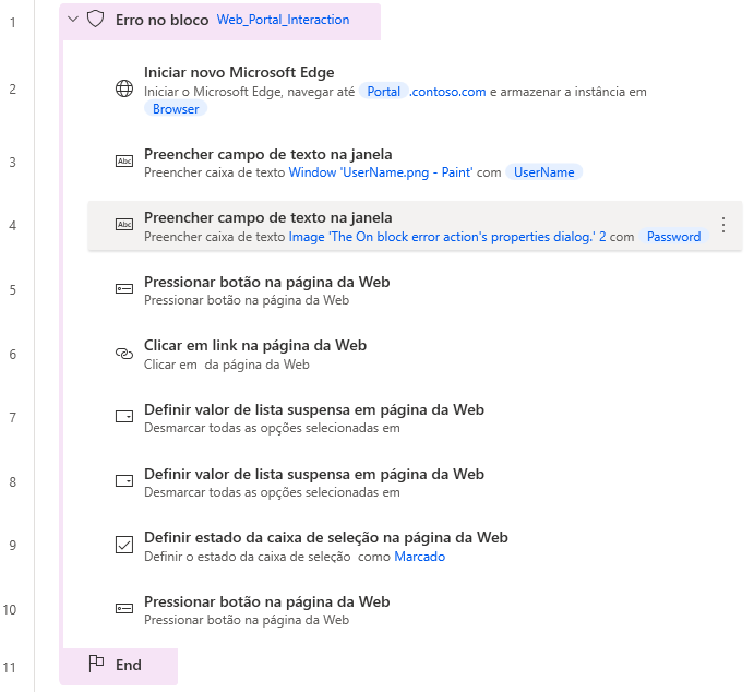 O Espaço de trabalho com um exemplo usando a ação erro Em bloco.