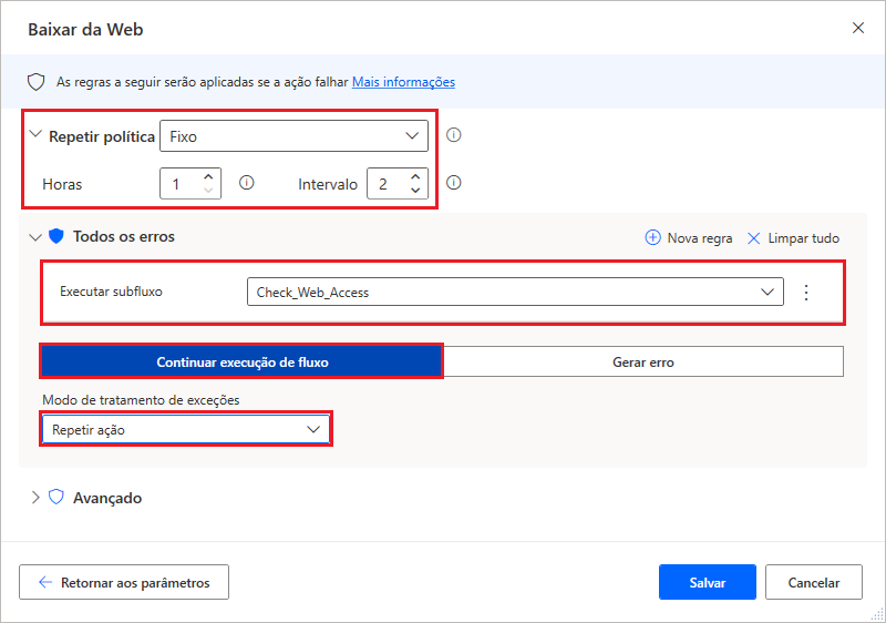 Captura de tela das opções de tratamento de erros da ação Baixar da Web.