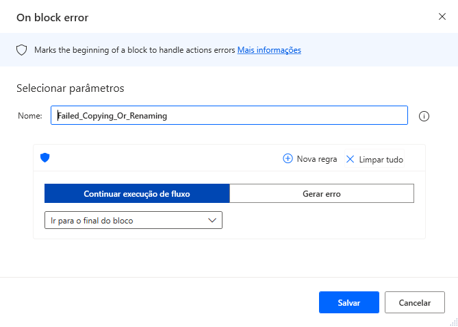 Captura de tela da ação Erro no bloco.