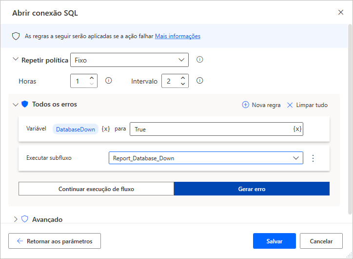 A guia Tratamento de Exceções preenchida nas propriedades da ação Abrir Conexão SQL.