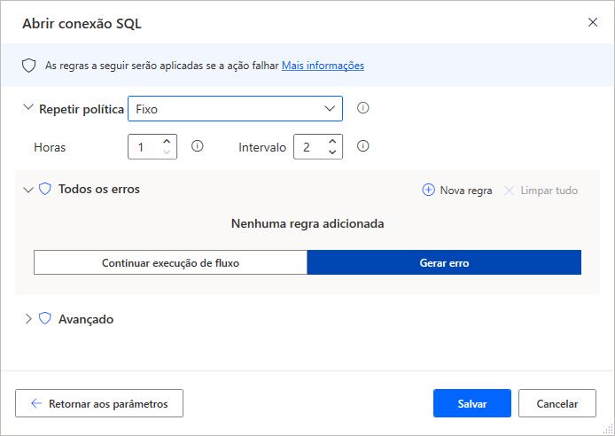 Tratamento de exceções nas propriedades da ação Abrir Conexão SQL.