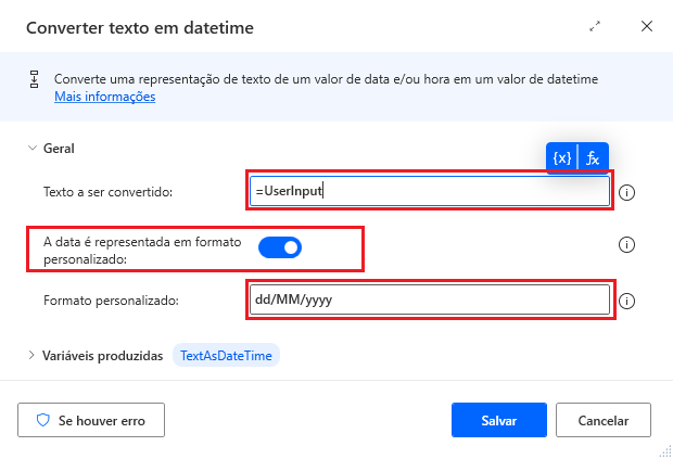 Captura de tela da ação Converter texto em datetime.