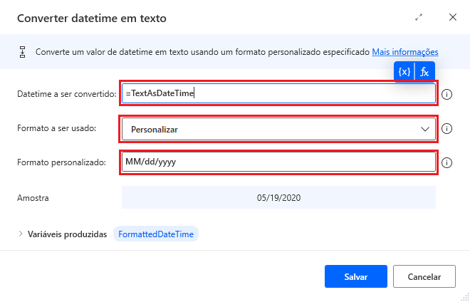 Captura de tela da ação Converter datetime em texto.