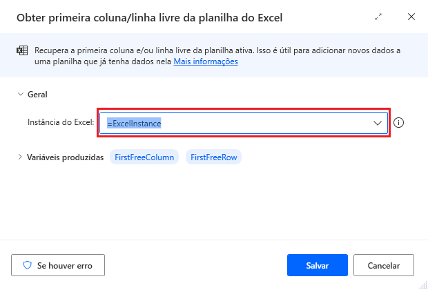 Captura de tela da caixa de diálogo da ação Obter primeira coluna/linha livre na planilha do Excel.