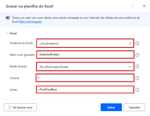 Captura de tela da ação Gravar em planilha do Excel gravando o caminho da pasta.
