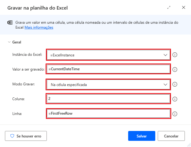 Captura de tela da ação Gravar em planilha do Excel gravando o carimbo de data/hora.
