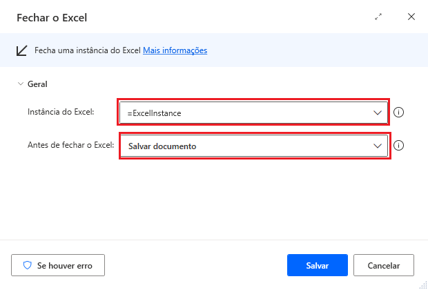 Captura de tela da caixa de diálogo da ação Fechar o Excel.