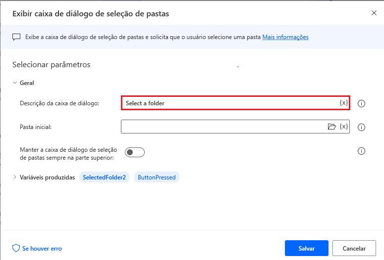 Captura de tela da caixa de diálogo da ação Exibir caixa de diálogo de seleção de pasta.