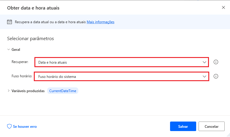 Captura de tela da caixa de diálogo da ação Obter data e hora atuais.