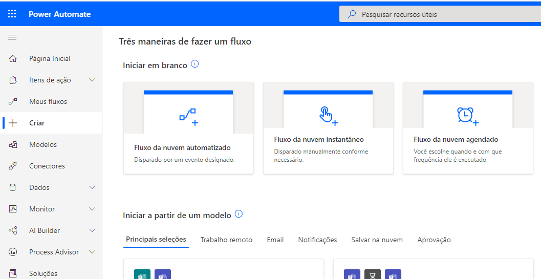 Captura de tela da página de criação que mostra três maneiras de criar um fluxo.