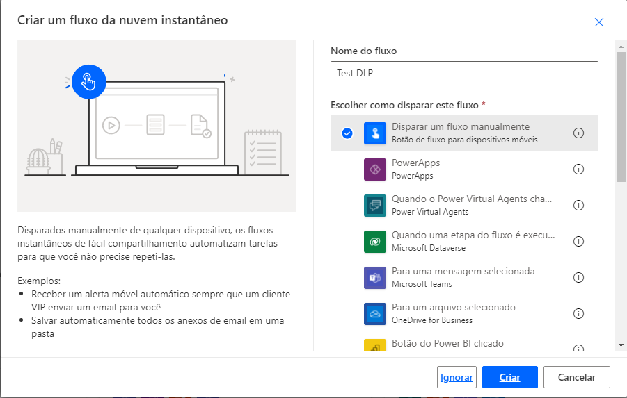 Captura de tela da caixa de diálogo Criar um fluxo instantâneo.
