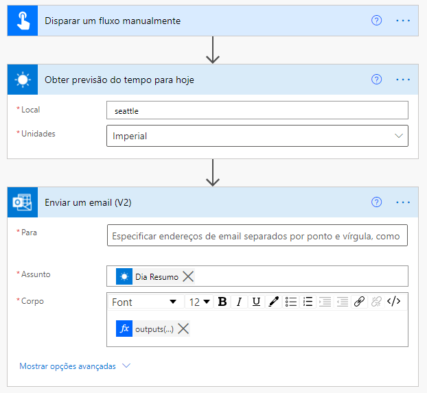 Captura de tela das ações Obter previsão do tempo para hoje e Enviar um email.