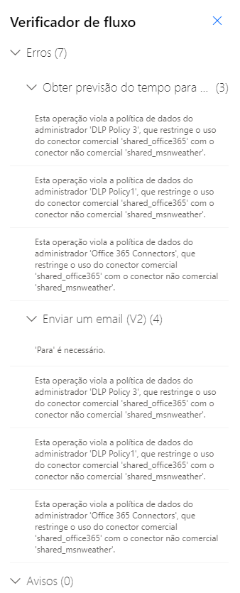 Captura de tela do Verificador de fluxo que mostra dois erros e nenhum aviso.