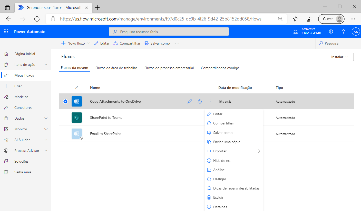 Captura de tela do fluxo do Power Automate habilitado.