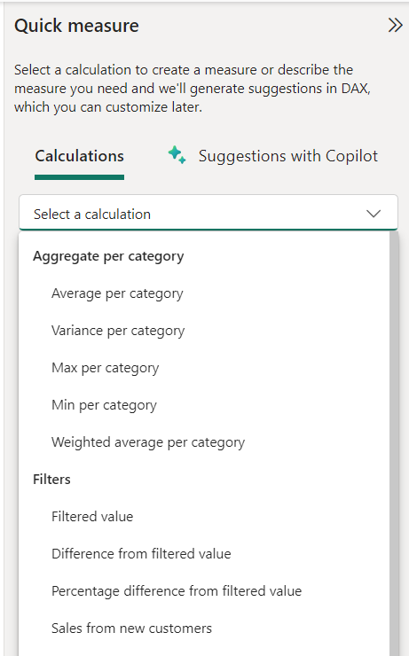 Captura de tela do painel Medidas Rápidas com algumas opções pré-preenchidas, incluindo médias e filtros.