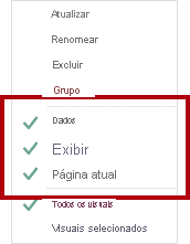 A imagem mostra o menu de contexto do indicador, com as opções Dados, Exibição e Página atual habilitadas.