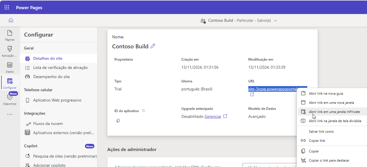 Captura de tela do espaço de trabalho Configurar com os detalhes do site selecionados. O menu de contexto está exibindo a URL do site com a opção Abrir na Janela InPrivate realçada.