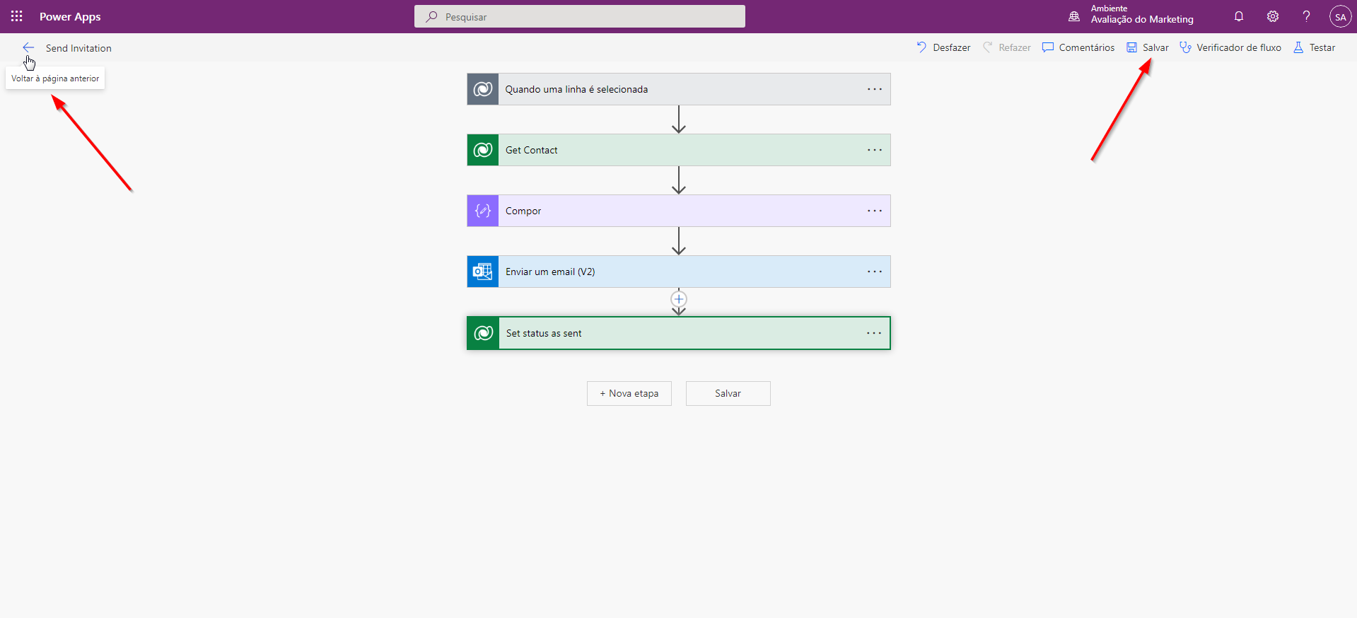 Captura de tela da etapa salvar e sair do editor de fluxo.
