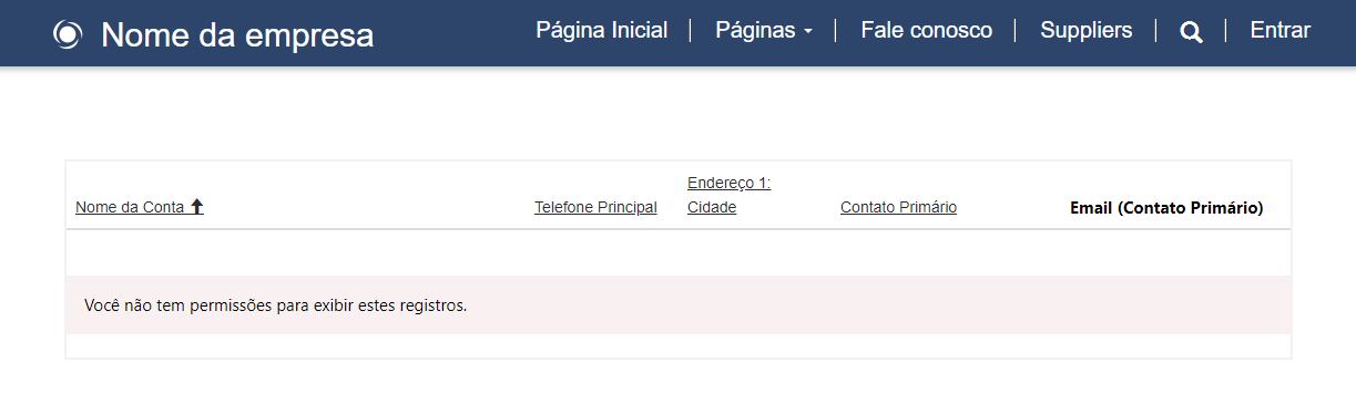 Captura de tela da mensagem de erro ao tentar acessar a lista de contas sem permissões de tabela no local.