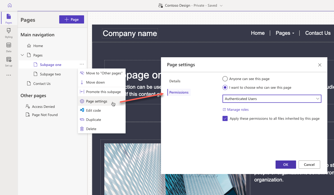 Capturas de tela combinadas das etapas para acessar o diálogo de permissões de página no estúdio de design do Power Pages.