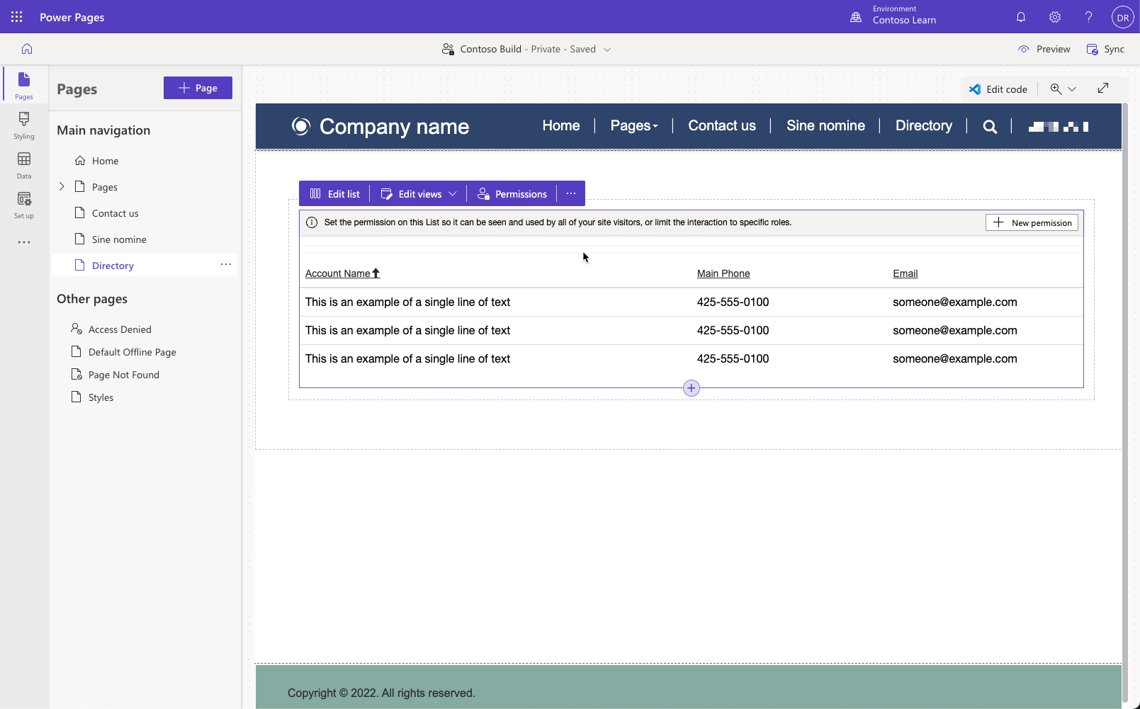 Captura da página de diretório com o componente lista criado e configurado, mas sem permissões aplicadas.