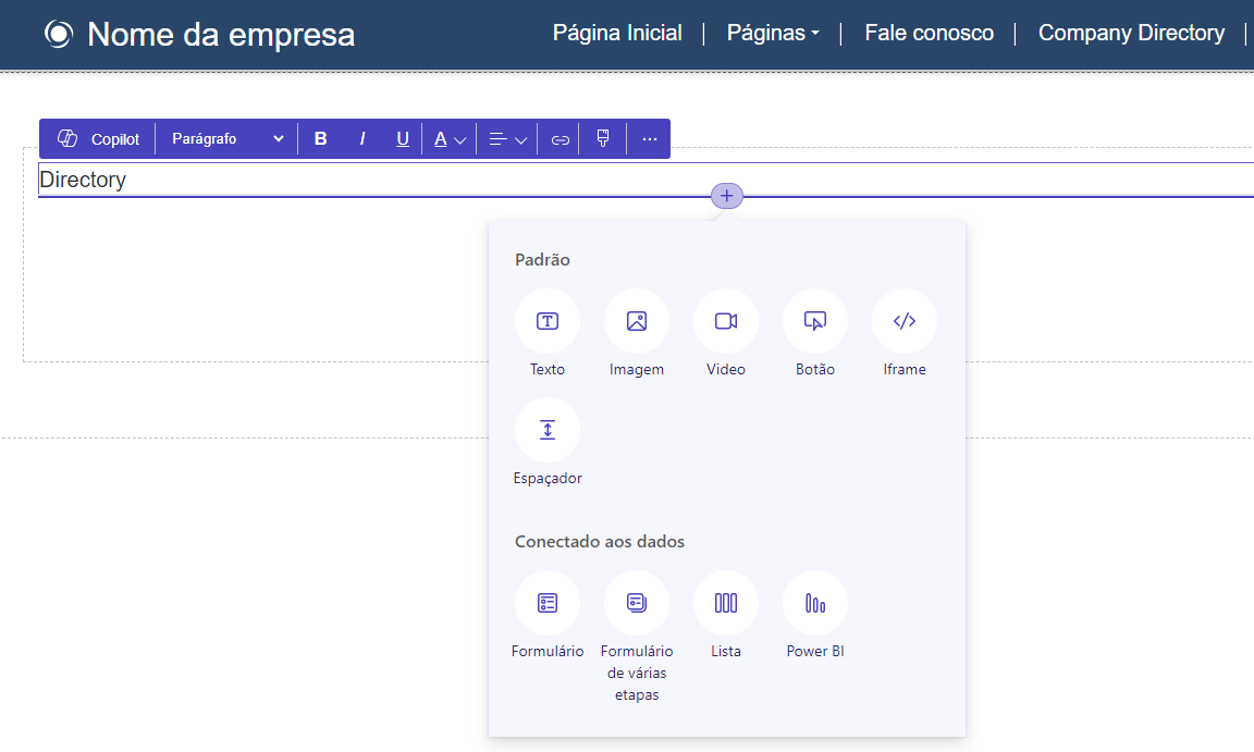 Captura de tela da interface de inserção de componente.