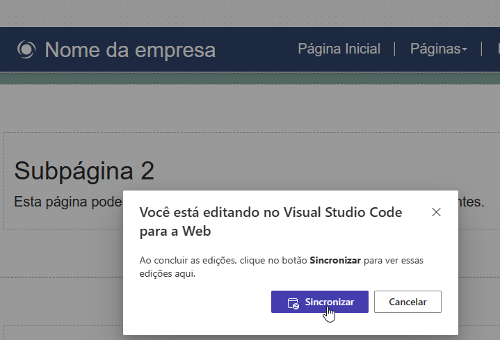 Captura de tela de um prompt para sincronizar o conteúdo da página após a edição ser concluída no Visual Studio Code para a Web